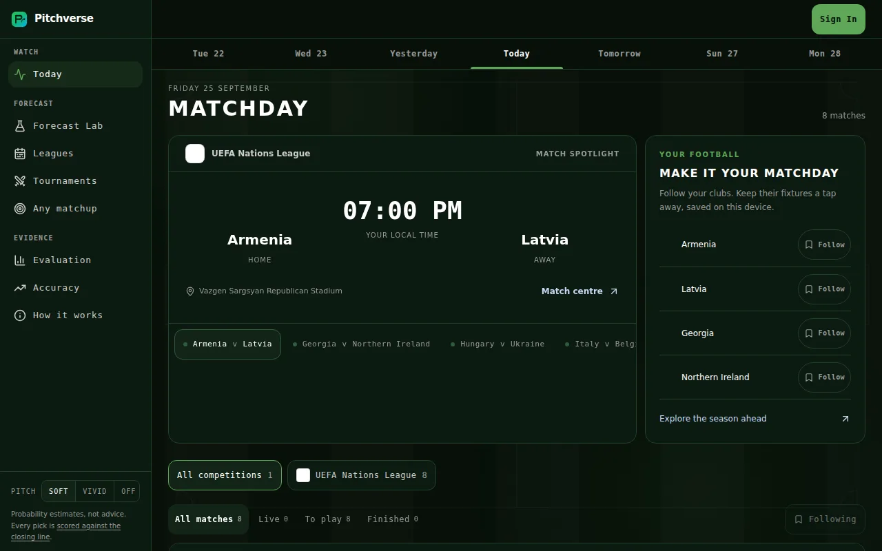 Pitchverse live football forecasting website with matchday and competition information.